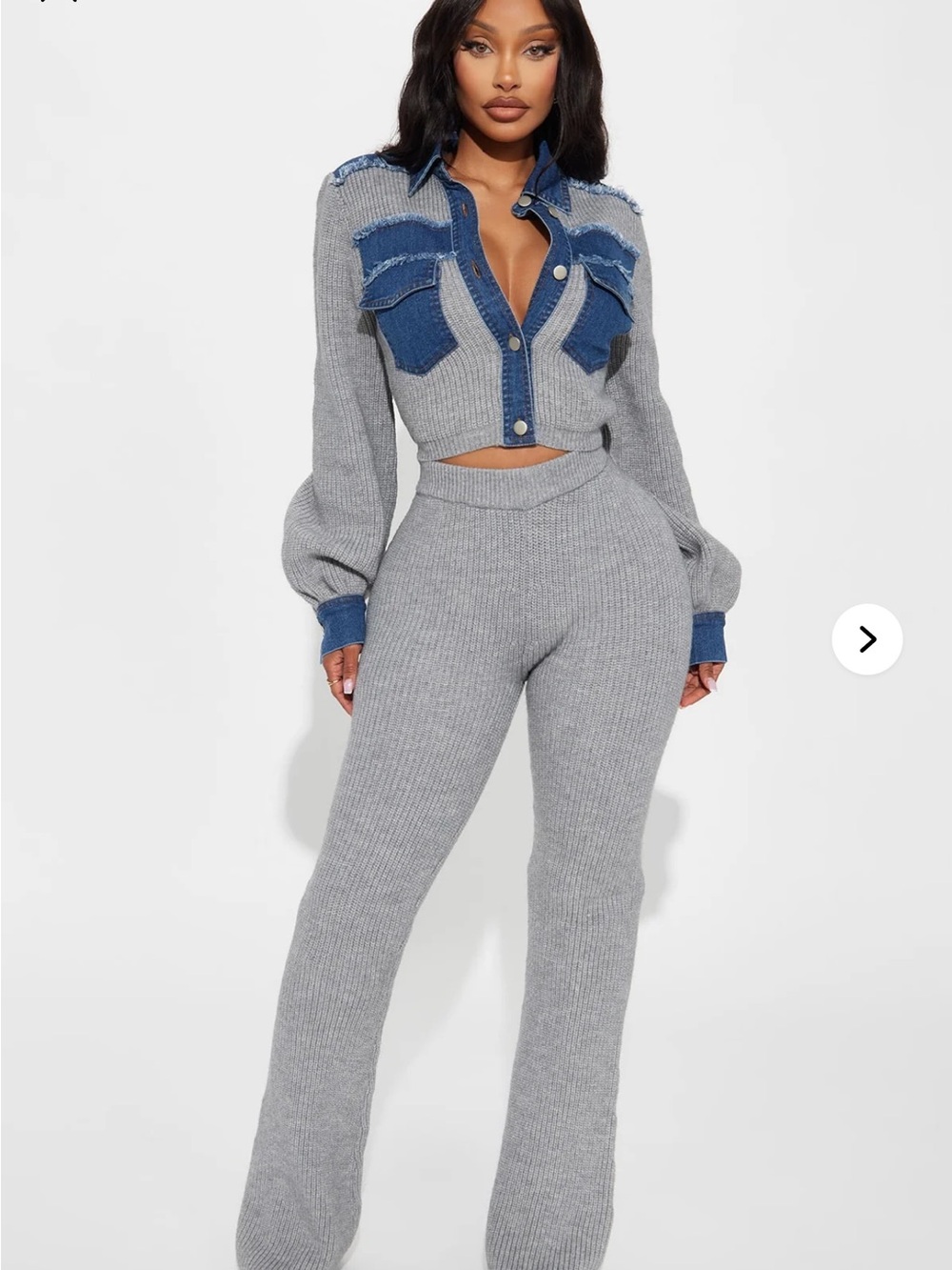 Ribbed Knit High-Waist Flare Pants in Light Gray
